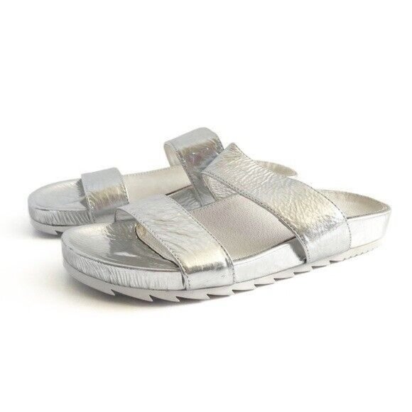J Slides Edie Sandals Silver Leather Platform Slip On Double Strap in Size 7.5 - Picture 3 of 15